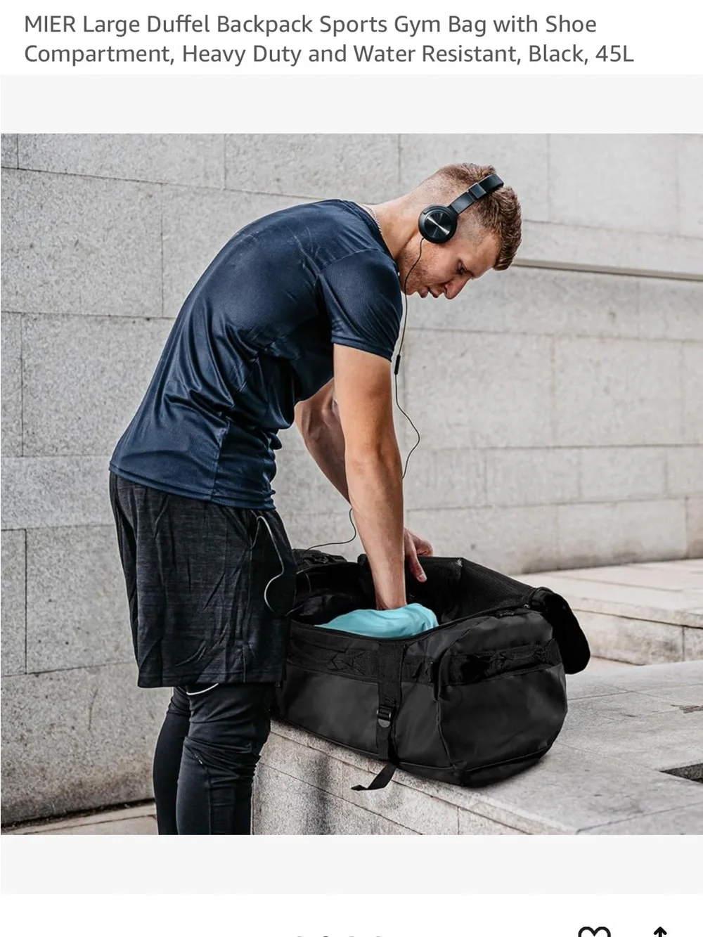 Black Duffel Backpack - Large Sports Gym Bag with Shoe Compartment